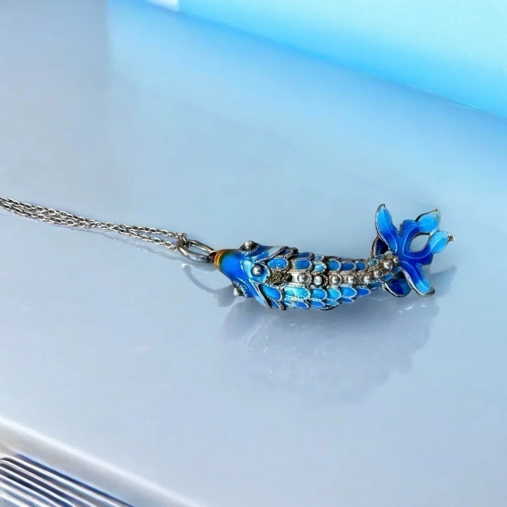 Vintage Sterling Silver & Enamel Koi Pendant / Charm - Picture 3 of 8